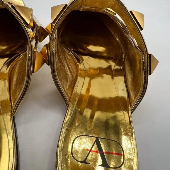 Valentino Garavani Roman Stud Metallic Gold Leather Ballerina Ankle-Strap Flats - Picture 6 of 10